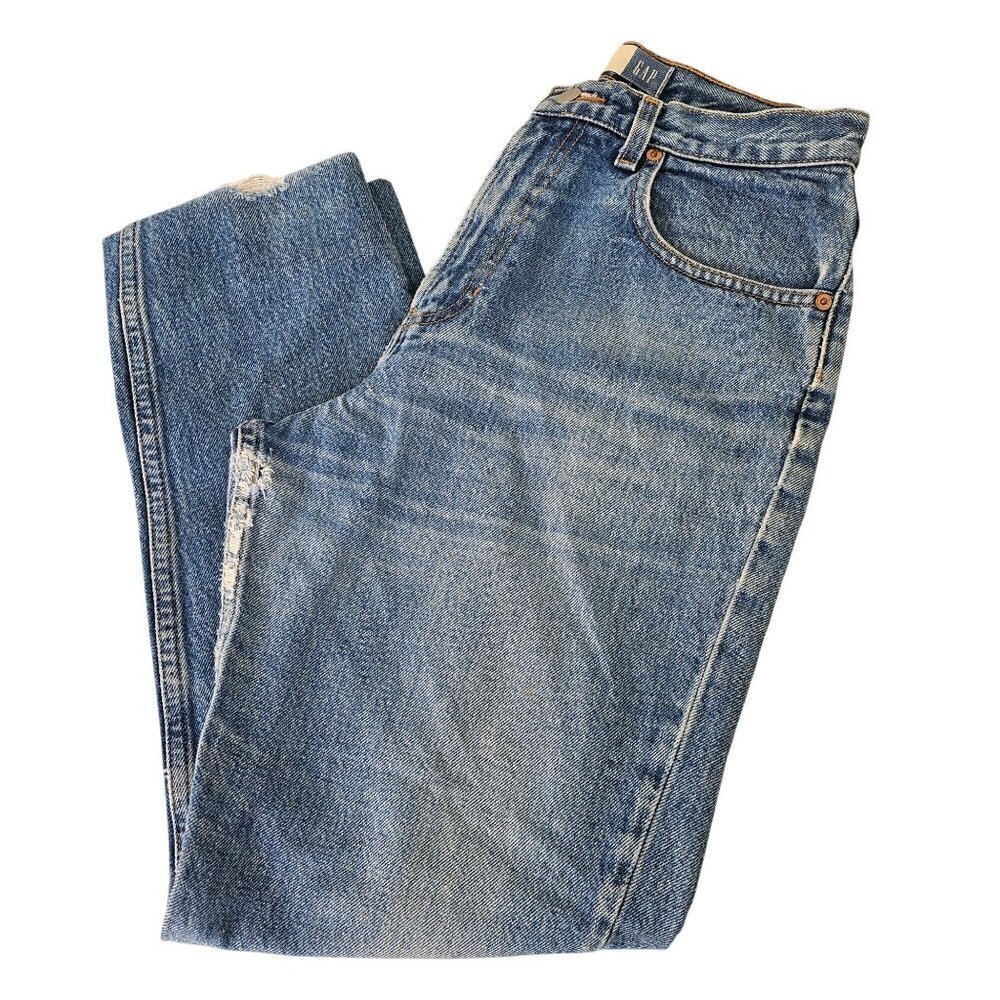 Gap Classic Straight Leg Cotton Jeans Women 10 High Rise Med Wash Distressed VTG - Picture 4 of 10